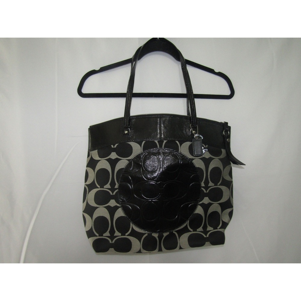 Coach Signature Black Gray Tote Bag Patent Leather Trim C1282-F18335‎